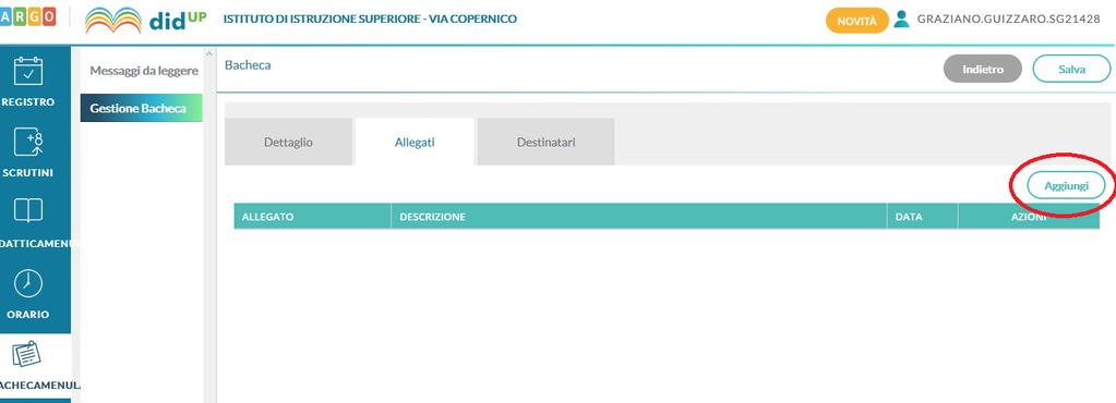 Passo 7: Compilare la scheda Allegati Eseguito il passo precedente comparirà la schermata riportata nella figura che segue. In essa cliccare nel pulsante Aggiungi, evidenziato nella figura stessa.