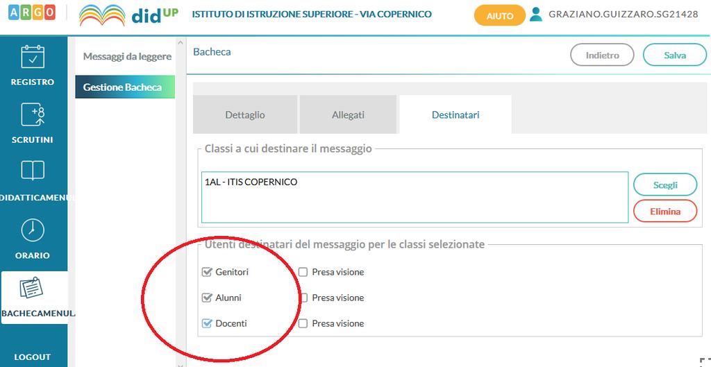 Qui selezionare i destinatari: Genitori, Alunni