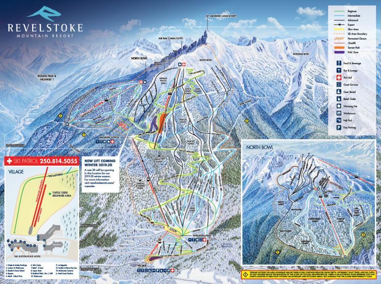 129 piste 1133ha, 20% principianti, 20% medie, 45% impegnative, 15% difficili - 1 ovovie, 3 seggiovie, 1 skilift - 2 Snowpark - sci notturno Revelstoke : 2225m 512m.