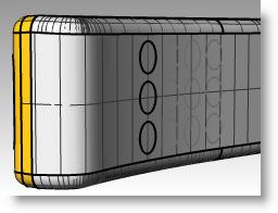 Per creare i tasti: 1 Attivare il livello Curve per pulsanti. 2 Nella vista "Frontale", selezionare la prima colonna di pulsanti con una finestra di selezione. Vengono selezionate tre curve.