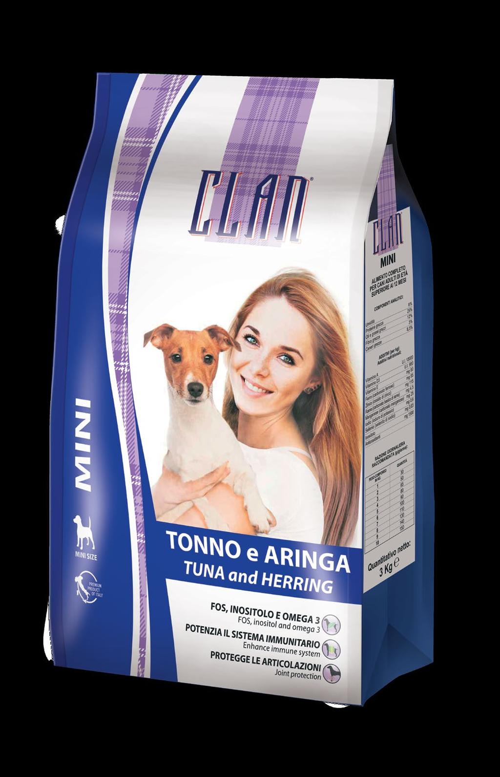 DESCRIZIONE: Clan Mini Tonno e Aringa è un alimento completo per cani adulti di taglia piccola di età superiore a 12 mesi. È fonte di proteine e grassi facilmente digeribili.