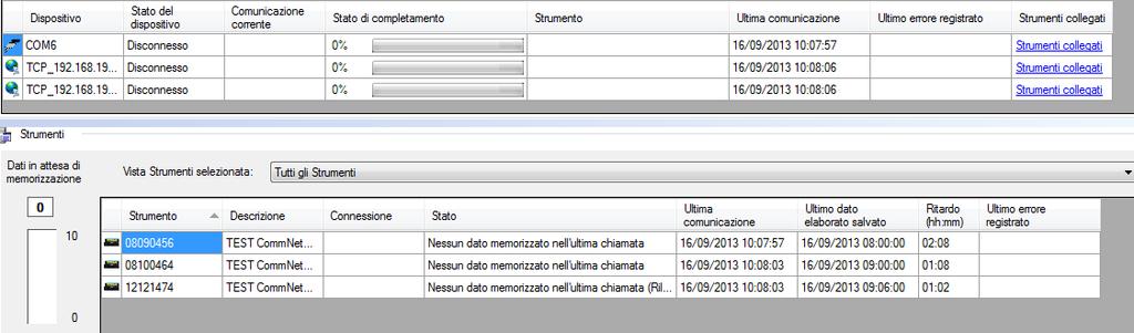 6.5. Visualizzazione dello stato delle comunicazioni e della memorizzazione dei dati Il programma visualizza lo stato dei canali di comunicazione e lo stato dei singoli strumenti su due liste