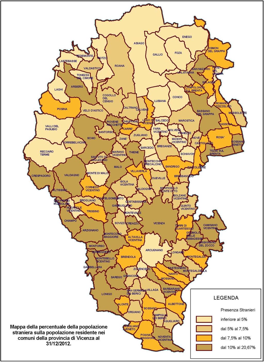 Mappa della popolazione straniera sulla popolazione residente nei comuni della provincia