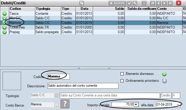 Se ora vado in Debiti/Crediti, vedo il nuovo C/C, che posso selezionare.