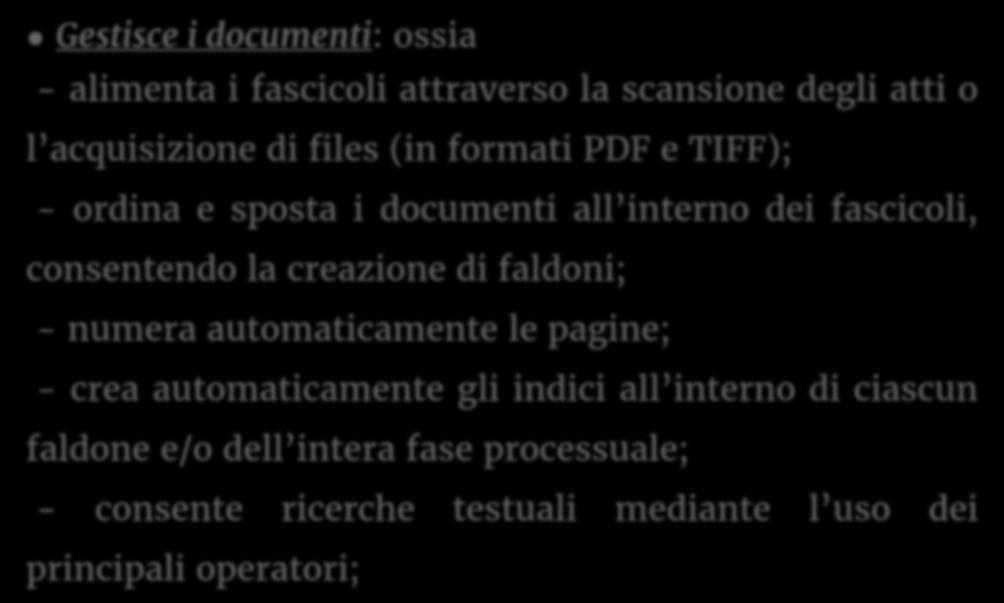 LE FUNZIONI (3) Gestisce i documenti: ossia - alimenta i fascicoli attraverso la scansione degli atti o l acquisizione di files (in formati PDF e TIFF); - ordina e sposta i documenti all interno dei