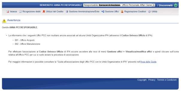 Figura 6 - Messaggio di avvertimento L avvio delle procedure da seguire per effettuare tali associazioni varia a seconda del ruolo ricoperto dall utente: 1.