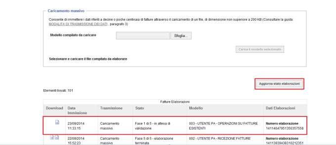 Cliccando sul pulsante Aggiorna Stato elaborazioni, si può monitorare lo stato dell elaborazione del file caricato.