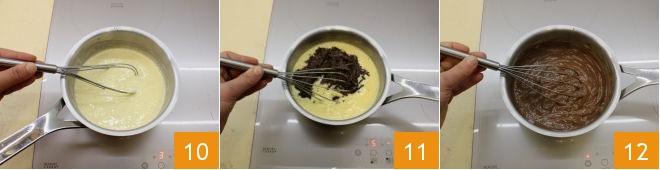 Spegnete il fuoco e togliete la bacca di vaniglia in infusione con una pinza da cucina (8); versate il composto a base di uova nella miscela di latte e