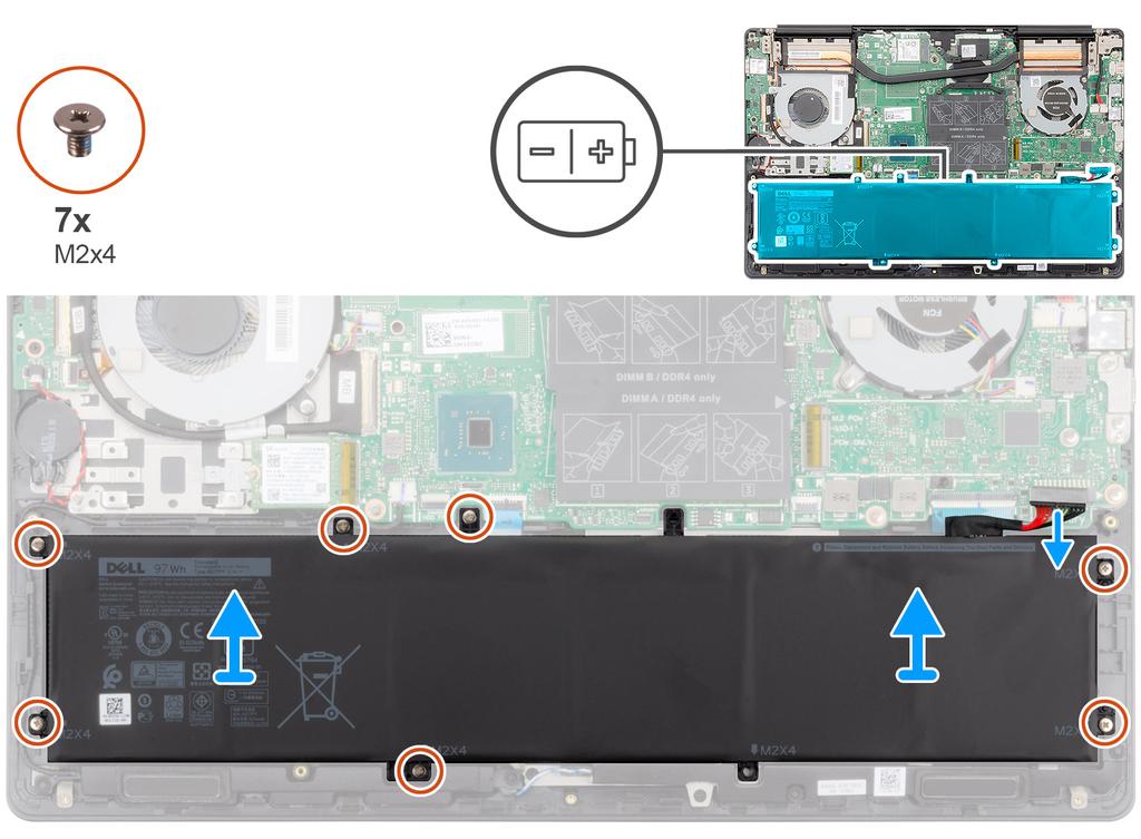 1 Scollegare il cavo della batteria dalla scheda di sistema. 2 Rimuovere le 7 viti (M2x4) che fissano la batteria al gruppo del supporto per i polsi e tastiera.