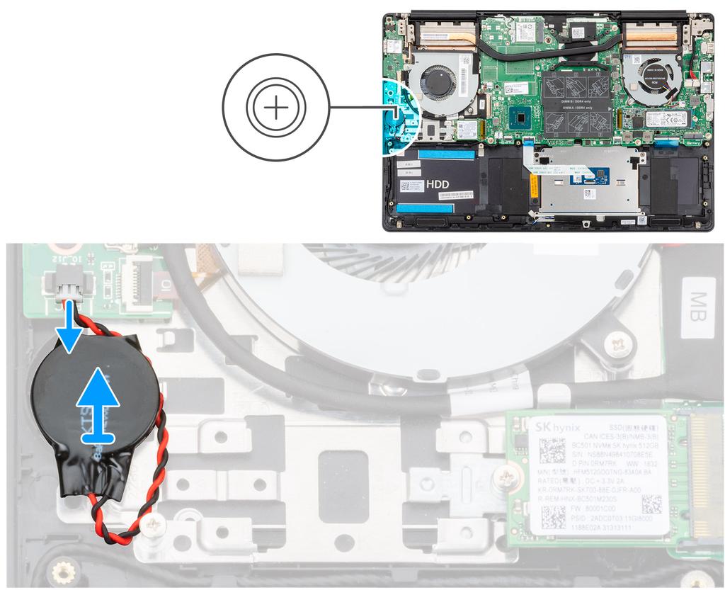 1 Scollegare il cavo della batteria pulsante dalla scheda di I/O. 2 Staccare la batteria pulsante dal gruppo del supporto per i polsi e tastiera.