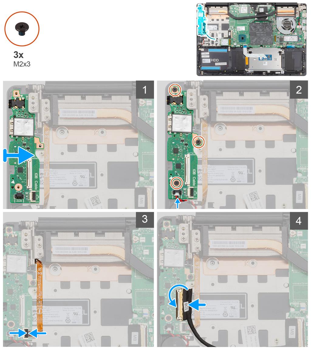 1 Posizionare la scheda di I/O sul gruppo del supporto per i polsi e tastiera. 2 Allineare i fori della vite sulla scheda di I/O a quelli sul gruppo del supporto per i polsi e tastiera.