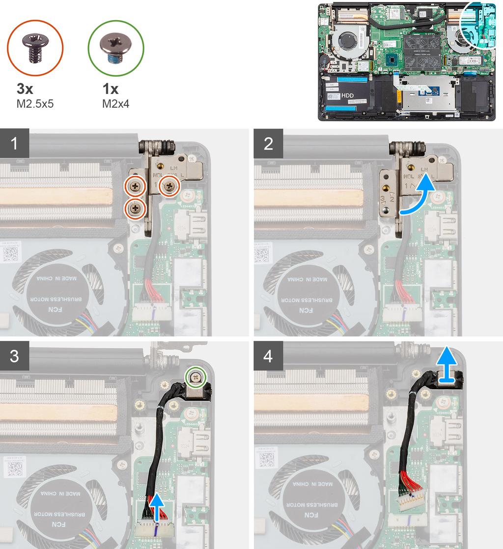 Porta dell'adattatore di alimentazione Rimozione della porta dell'adattatore di alimentazione Prerequisiti 1 Seguire le procedure descritte in Prima di effettuare interventi sui componenti interni