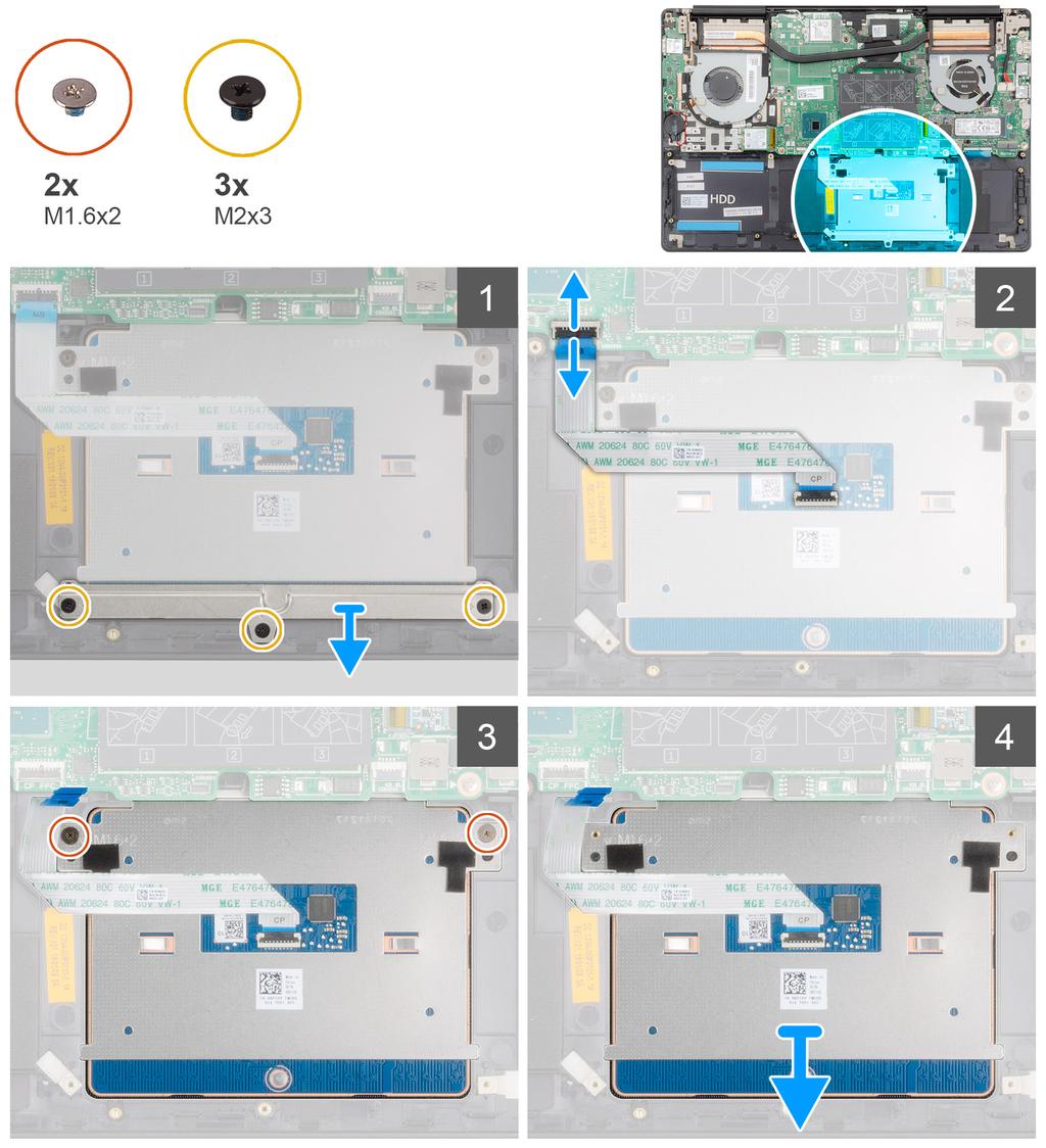 1 Rimuovere le tre viti (M2x3) che fissano la staffa del touchpad al gruppo del supporto per i polsi e tastiera. 2 Sollevare la staffa del touchpad dal gruppo del supporto per i polsi e tastiera.