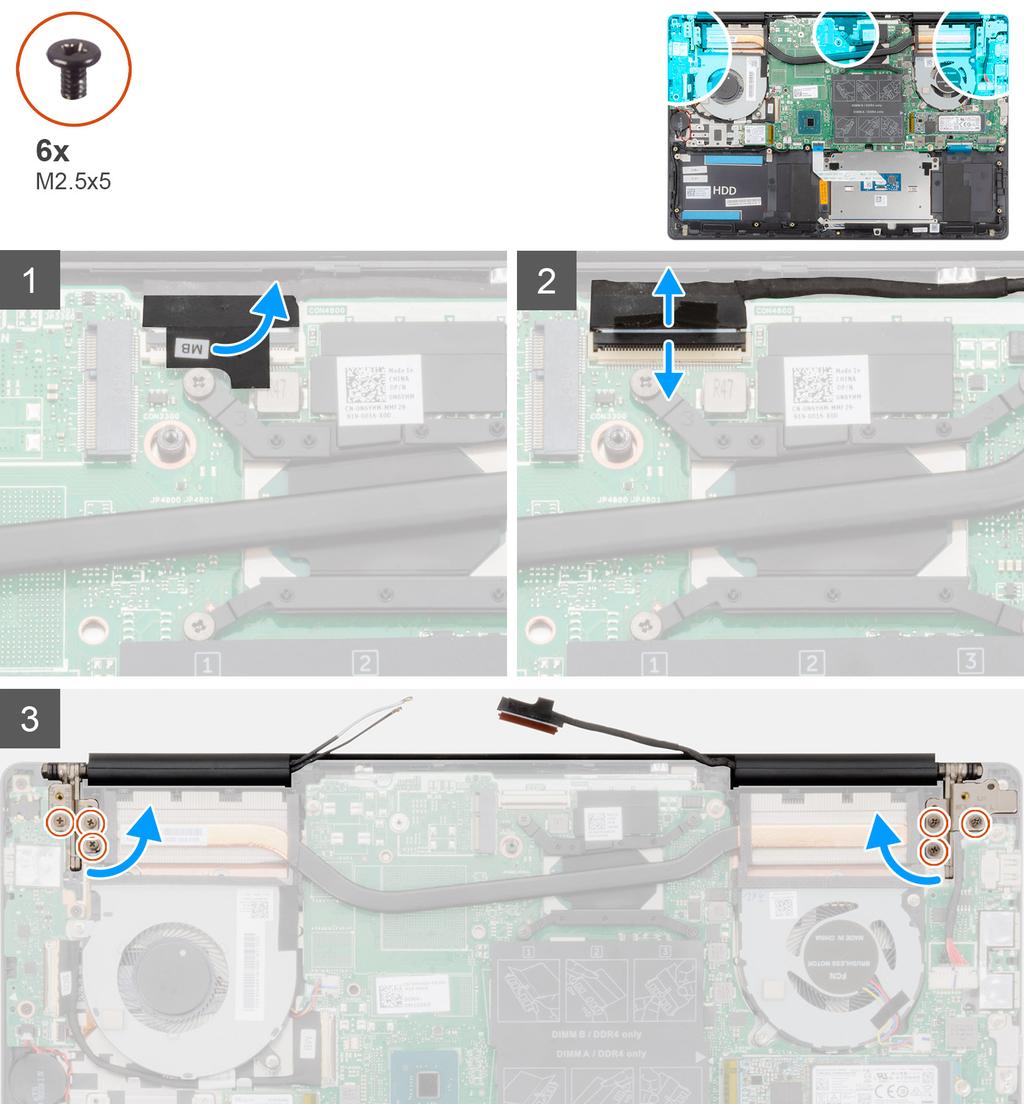 Rimozione del gruppo dello schermo Prerequisiti 1 Seguire le procedure descritte in Prima di effettuare interventi sui componenti interni del computer. 2 Rimuovere il coperchio della base.