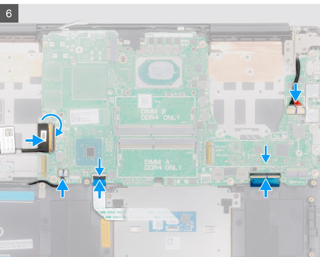 1 Far scorrere le porta sulla scheda di sistema negli slot sul gruppo del supporto per i polsi e tastiera e allineare i fori per le viti sulla scheda di sistema con quelli sul gruppo del supporto per