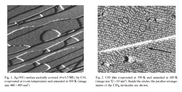 Immagini ottenute con un microscopio STM: molecole di C60 depositate su una superficie di Ag.