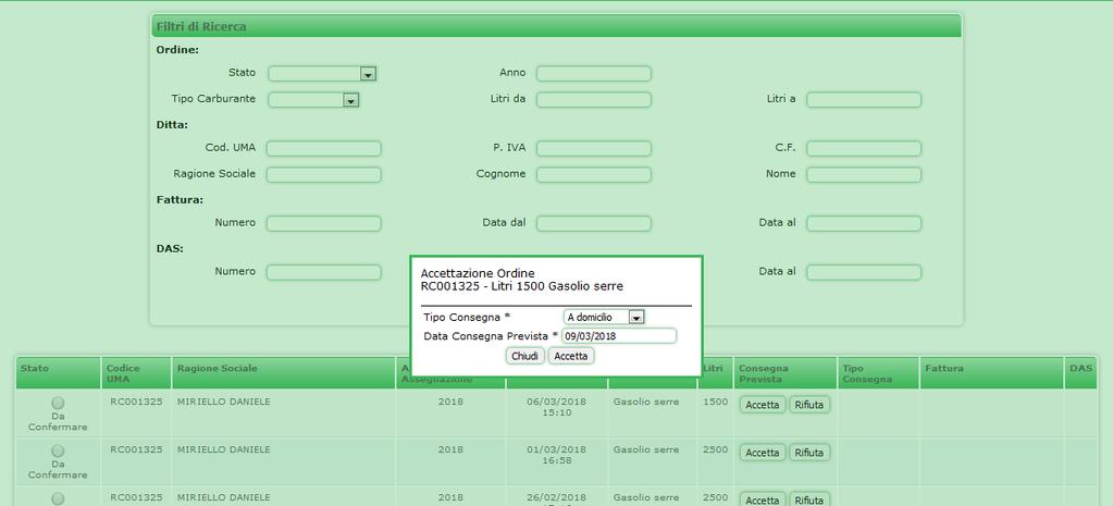 2.1 Accettazione Cliccare il tasto Accetta per confermare l ordine: Compilare il campo Tipo Consegna per indicare se l ordine verrà consegnato a domicilio o a mano presso il distributore Compilare il