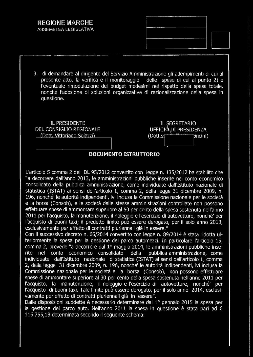 VittoriaoSolazzi) IL SEGRETARIO UFFIClip I PRESIDENZA (Dott.Si f j Uncini) I DOCUMENTO ISTRUTTORIO L'articolo 5 comma 2 del DL 95/2012 convertito con legge n.