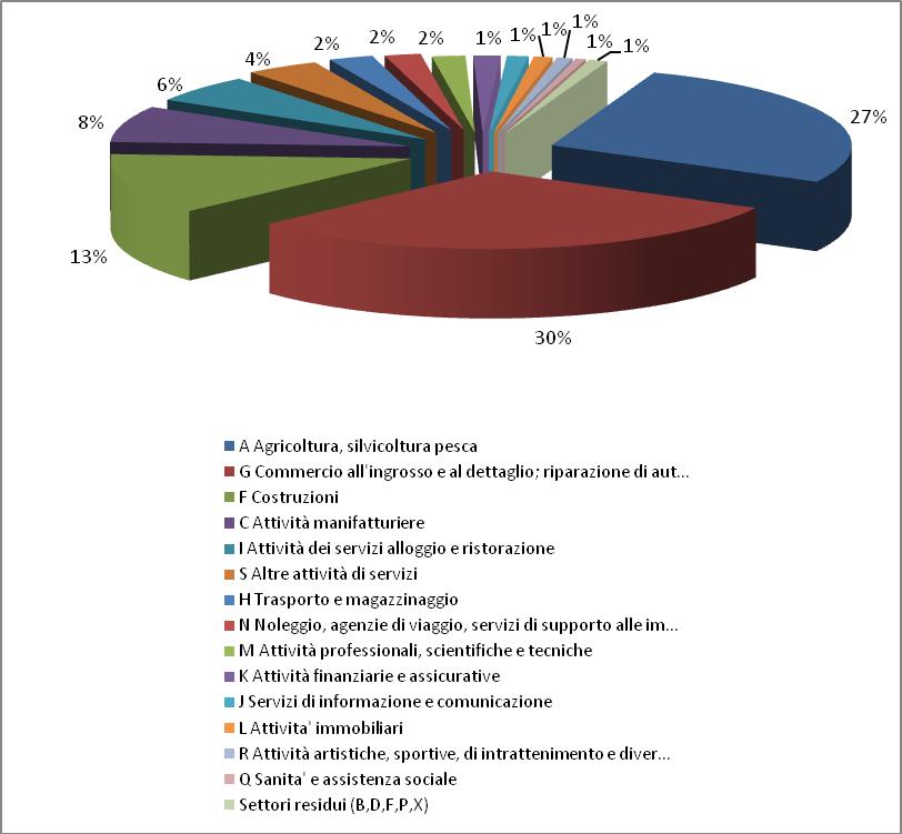 attività di noleggio, agenzie di viaggio, servizi di supporto alle imprese (2%); attività professionali, scientifiche e tecniche (2%); attività finanziarie e assicurative (1%); servizi di