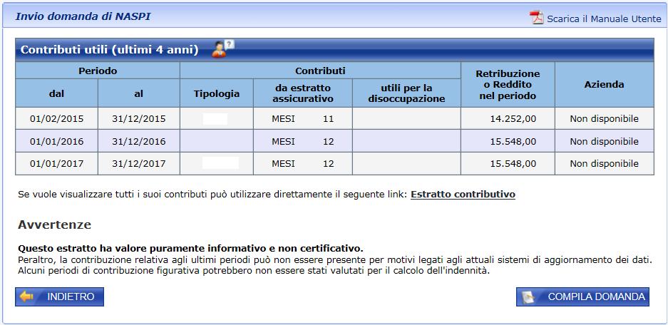 In questa maschera trovi il riepilogo dei mesi di contribuzione relativa al tuo lavoro degli