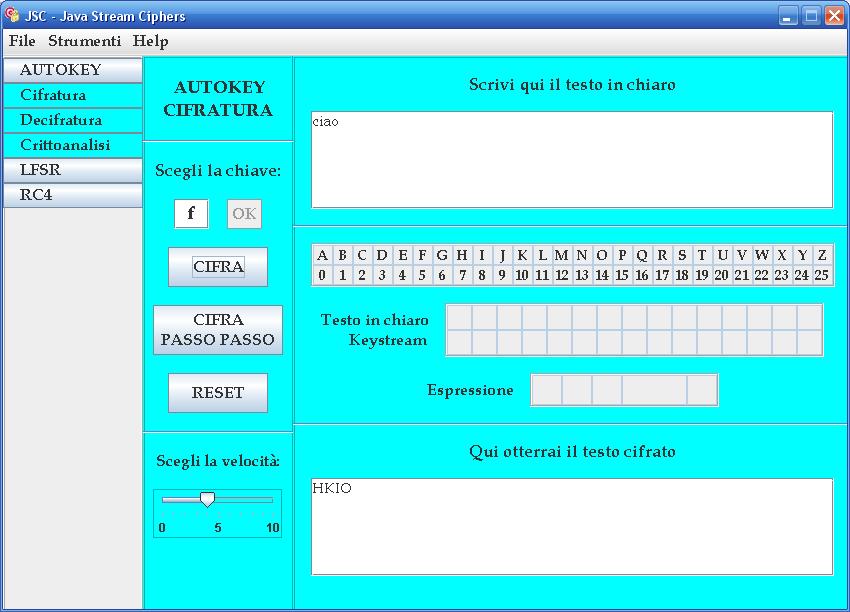 Cifrario Autokey Testo in chiaro lettere 0,1,, 25 Keystream z 0 = K, z i = M i-1 per i=1,2, Testo cifrato C i = M i + z i mod 26 Esempio con chiave k=5 testo in chiaro: CIAO (2 8 0 14) chiave