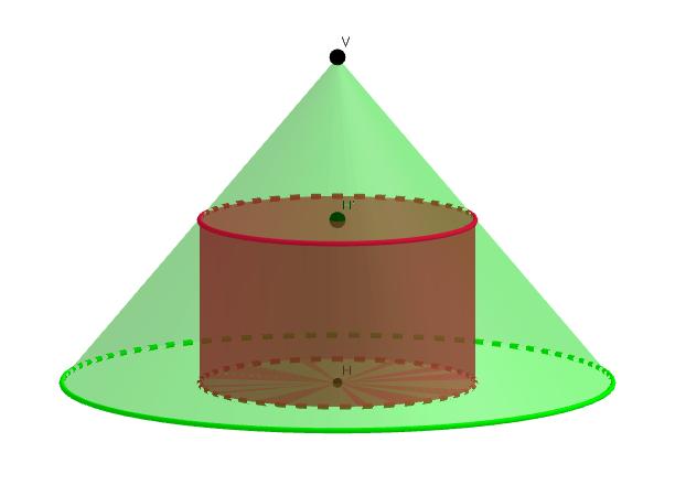 Quesito 1 Dato un cono circolare retto di raggio di base r ed altezza h, sia x il raggio di base del cilindro inscritto nel cono; per similitudine, si ha che,