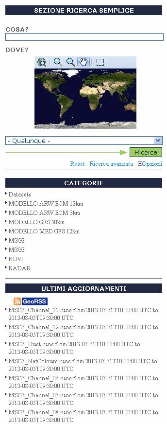 2.2 - Ricerca nel catalogo La sezione a sinistra della home page del Geoportale è dedicata alla ricerca nel catalogo dei metadati.