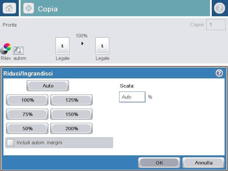 3. Selezionare una delle percentuali predefinite oppure toccare il campo Scala e digitare una percentuale tra 25 e 200 quando si utilizza l'alimentatore documenti o tra 25 e 400 quando si esegue una