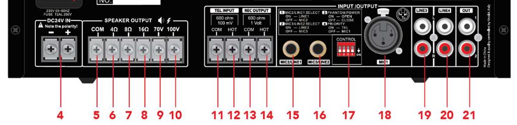 Uscita altoparlanti 70V (+). 10. Uscita altoparlanti 100V (+). 11. Ingresso Tel COM (-). 12. Ingresso Tel HOT (+), 600 Ohm, 1 Volt. 13. Uscita MOH COM (-). 14. Uscita MOH positivo (+). 15.