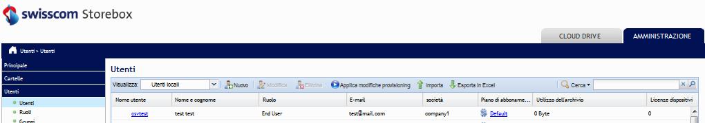 Provisioning 9 Passando ora alla schermata «Utenti», i nuovi utenti creati e il loro piano compaiono