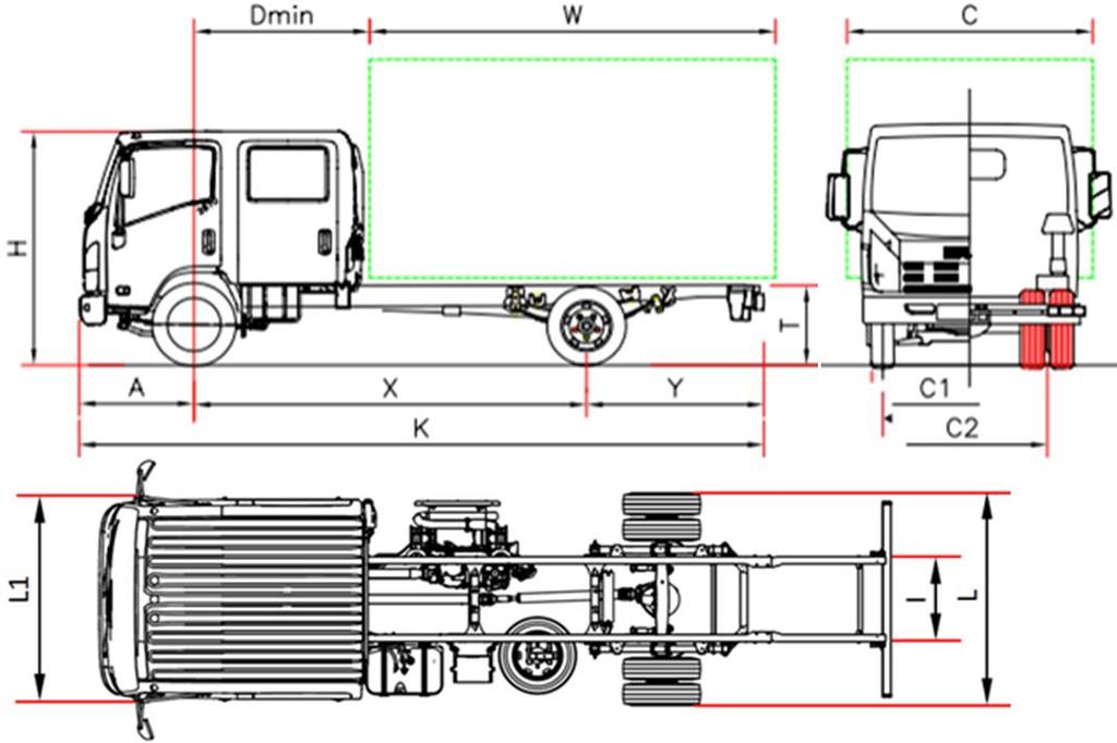 P75 CREW 190cv Série Bleu OBD-C - 7,5 ton DIMENSIONI (mm) MODELLO P 75 H P 75 M P 75 Q Passo X 3365 5 4475 5300 5 Lunghezza autotelaio K 6040 7870 9250 Lunghezza carroz.