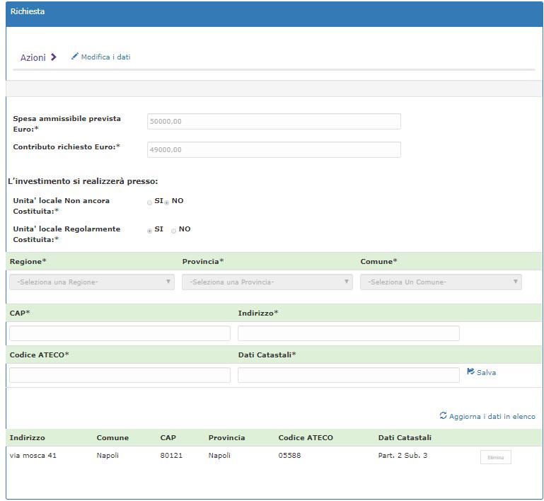 Per inserire o modificare dati è necessario abilitare la modifica mediante il tasto Modifica dati, presente nella sezione azioni che risulterà modificata come nell immagine che segue: 9 La
