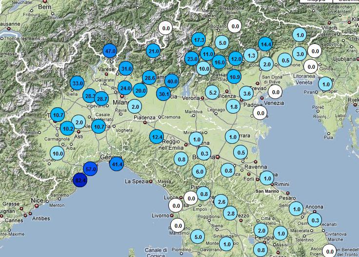 Figura 5. Precipitazione cumulata sul nord Italia il 29-11-2009.