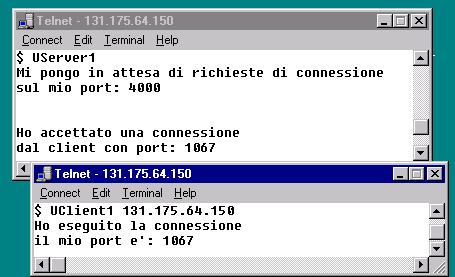 Listato di UServer1 (ii( ii) UClient1 e UServer1 in esecuzione addr_initialize(&server_addr, PORT, INADDR_ANY); sd=socket(af_inet,sock_stream,0); bind(sd,(struct sockaddr*)