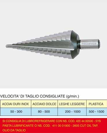 Punta autocentrante per un centraggio iediato del foro. Scanalatura elicoidale che elimina velocemente il truciolo in fase di lavorazione. Fresa conica a gradino in Hss Codice Desc.