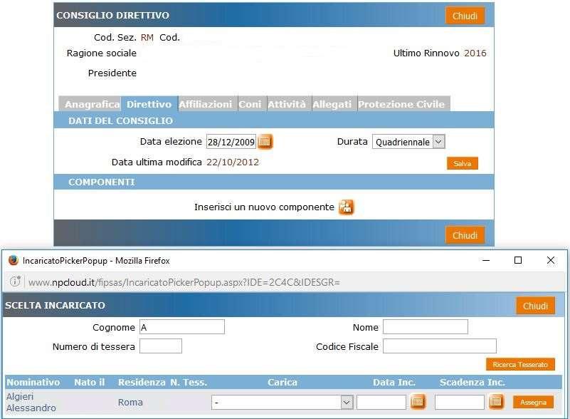 GESTIONE DIRETTIVO SOCIETA Per procedere all assegnazione delle cariche all interno della società, bisognerà cliccare sul pulsante «Direttivo», quindi sul pulsante «Inserisci nuovo componente».