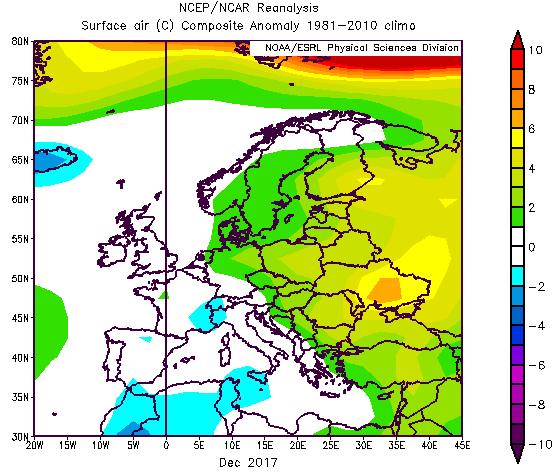 un anomalia negativa sull Europa nordoccidentale con corrispondenti valori di poco inferiori alla media di temperatura sulla Gran Bretagna.