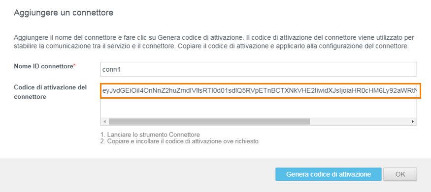 8 Copiare il codice di attivazione e salvarlo. Il codice di attivazione sarà necessario al momento della distribuzione del connettore. È ora possibile installare l'appliance virtuale del connettore.