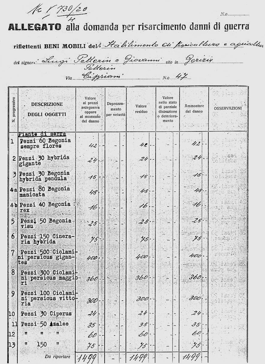 Fig. 6 - Elenco piante da serra. Prima pagina tratta dall allegato alla domanda per risarcimento danni di guerra di Luigi e Giovanni Petterin (A.S.Go.