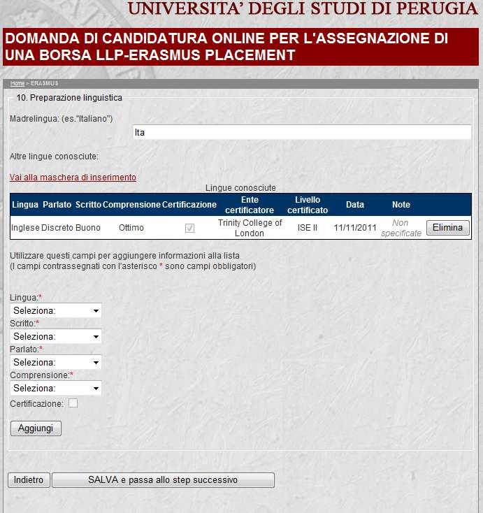 Immettere qui i dati relativi alle lingue conosciute.