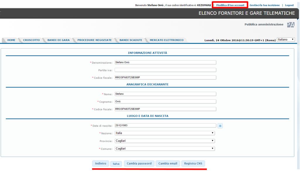 Modifica dati account Dopo l'autenticazione alla piattaforma, cliccando su Modifica il tuo account, è possibile in qualunque momento modificare i dati del profilo, l'indirizzo email e la password