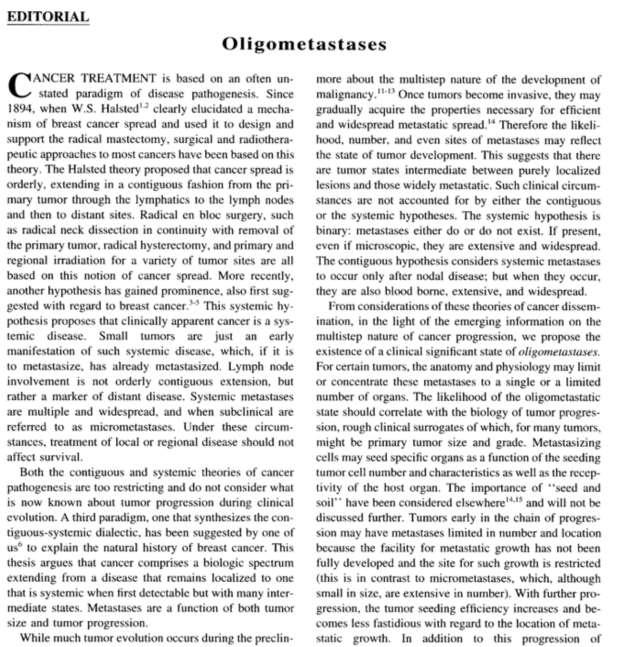 Malattia Oligometastatica Concetto di malattia oligometastica Proposto per la prima volta da Hellmann nel 1985 (J Clin Oncol 1985)