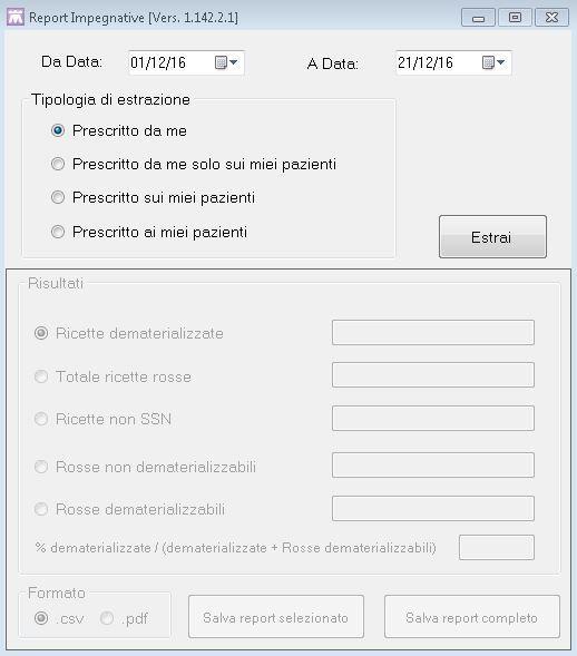 Comparirà la seguente videata: Impostare il periodo di interesse Scegliere una delle quattro tipologie di estrazione: Prescritto da me consente di estrarre le prestazioni effettuate su tutti i