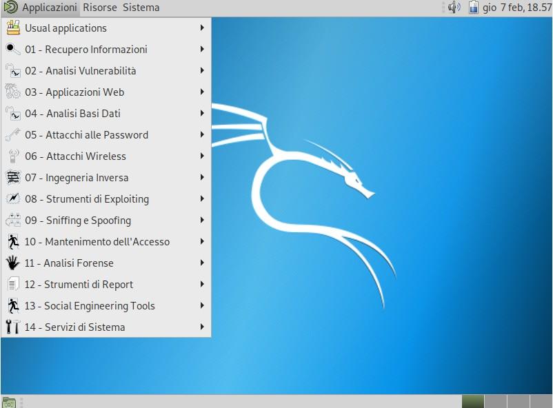 Avviando Kali Linux da Virtual Box con il pulsante AVVIA, il sistema operativo partirà nella finestra di Virtual Box, ed una volta avviato chiederà nome utente e password.