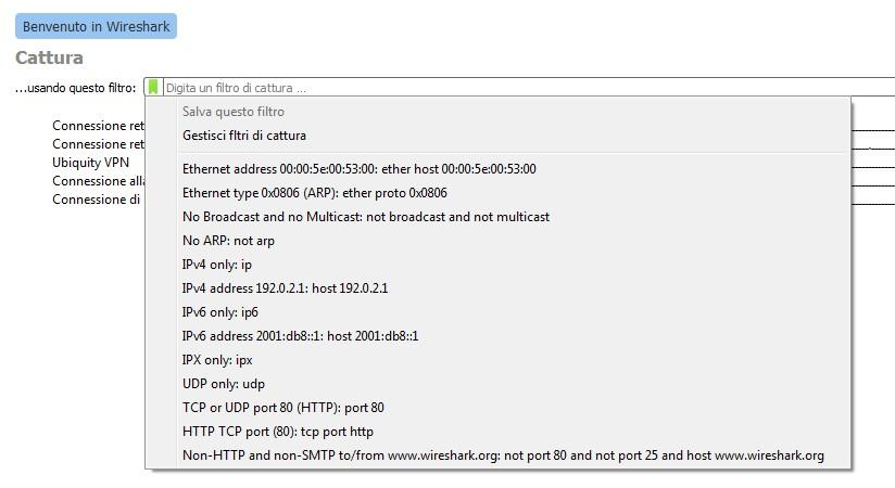 Di seguito una serie di esempi, tratti dal manuale ufficiale di wireshark https://wiki.wireshark.org/ FILTRO SIGNIFICATO host 172.18.5.4 Cattura il traffico in entrata ed uscita dall indirizzo 172.18.5.4 net 192.