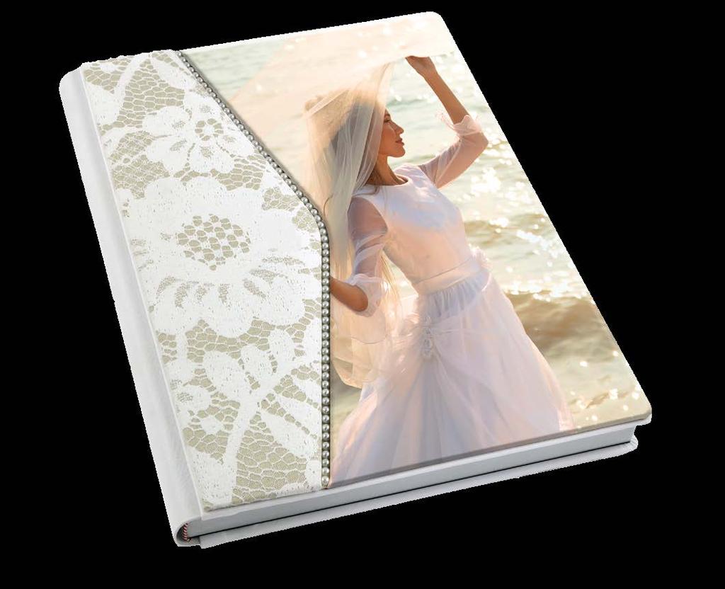 Venezia bianca con foto Copertina in pelle rigenerata e merletto in due varianti grafiche stampato su tessuto, con elegante