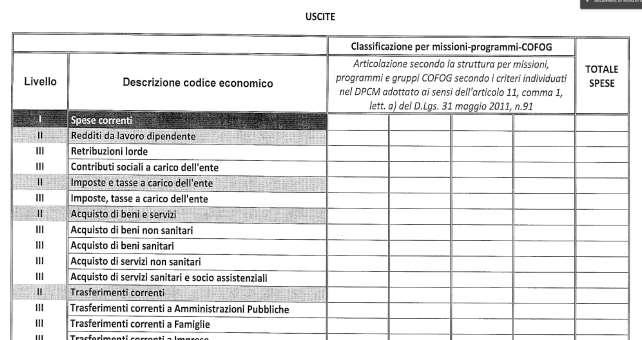 Consuntivo di Cassa Consuntivo di cassa per DM 27/03/2013 art. 9, per entrate, articolato per Missioni/Programmi e COFOG per le uscite.