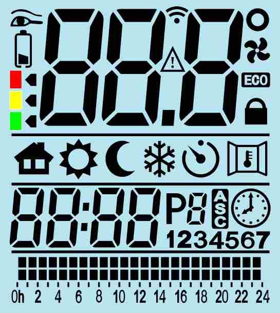 Indicatore Temperatura Icona Batteria Scarica Indicatore funzione ECO Icona Marcatore Comportamentale Funzione: "Rilevamento finestra aperta". Icona "Blocco tasti".