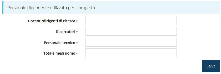 Figura 45 - Questionario proponente: personale dipendente Poiché tutti i dati richiesti sono obbligatori, nel caso non sia prevista l utilizzo di una particolare tipologia indicare 0.