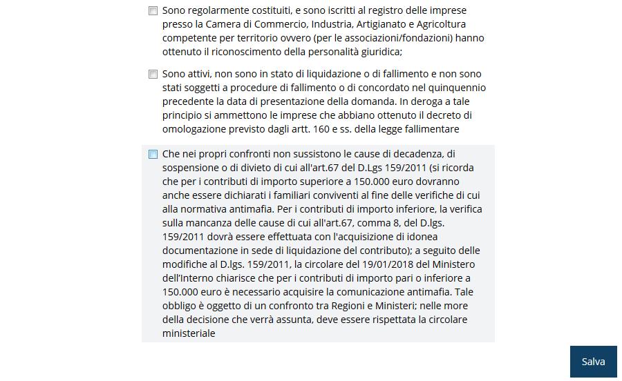 Figura 56 - Questionario: Dichiarazioni - Dichiarazioni per i soli soggetti di diritto privato Al termine dell inserimento cliccate su Salva.